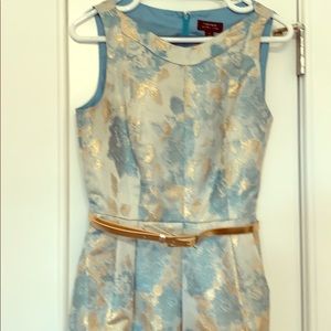 Cocktail dress, aqua and gold, hits at knee